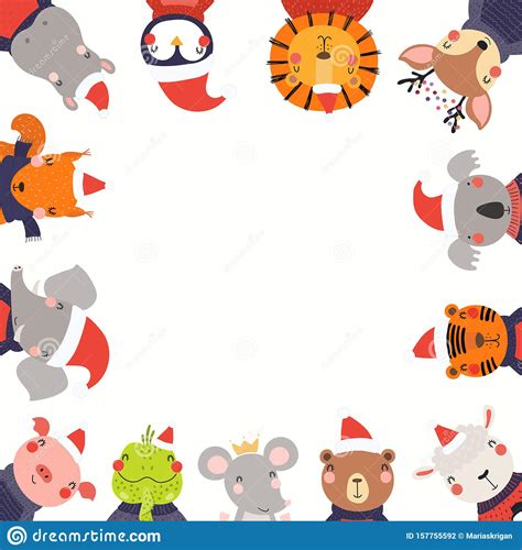 Cute Animals Christmas Frame Stock Vector Illustration