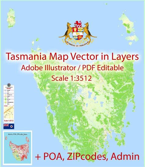 Tasmania Map Vector Full Extra Detailed Exact Islands Plan Scale 13512 Editable Adobe
