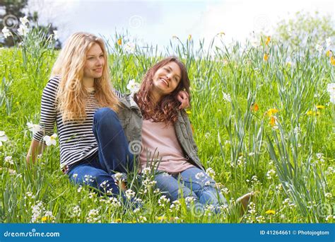Two Girls In Nature Stock Image Image Of Cheerful Blossom 41264661