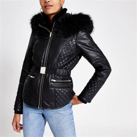 River Island Black Faux Leather Fitted Padded Jacket Lyst