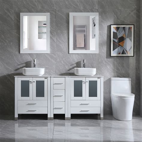 Wonline 60 Inches Bathroom Vanity Wood Cabinet Double White Ceramic