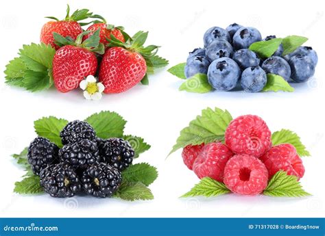 Collage Berries Strawberries Blueberries Berry Fruits Isolated O Stock