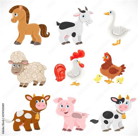 Cute Cartoon Farm Animals Set Isolated On A White Background Cows Hen