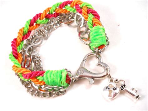 tween jewelry chain bracelet neon lime green hot pink bright orange chunky heart clasp one of a