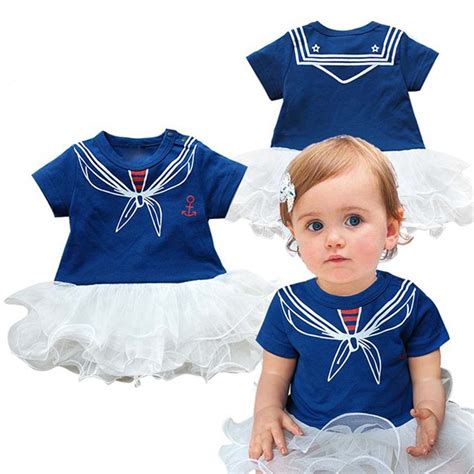 Navy Sailor Costume One Piece Romper Dress White Lace For Baby Girl