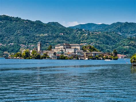 Island Of San Giulio In Lake Orta Italy During A Summer Afternoon Stock
