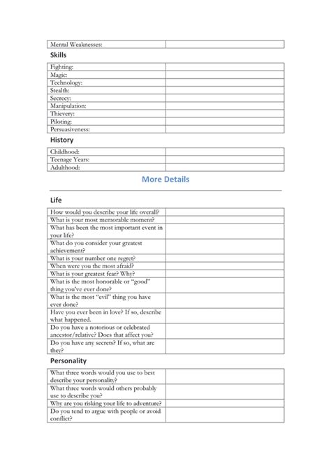 Character Profile Template Worksheet