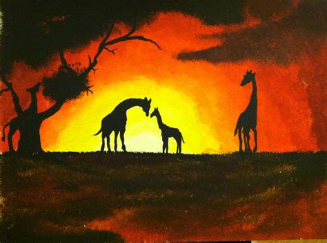 Giraffe Silhouette In African Sunset An Original African Art