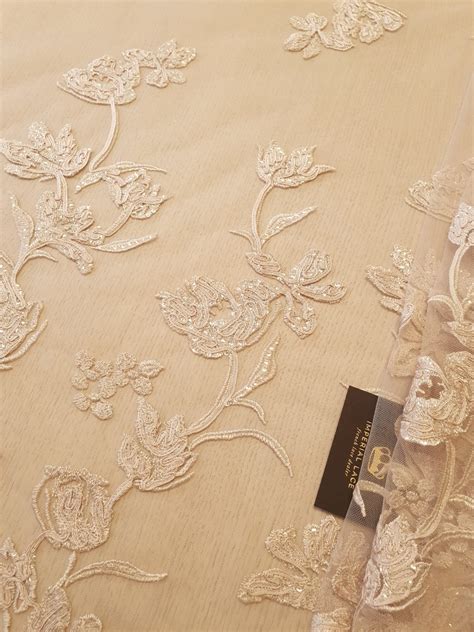 Beige Floral Pattern Embroidery With Sequins On Tulle Lace Fabric 3d