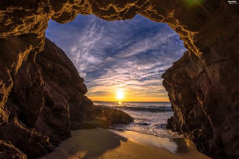 Sea Rocks Great Sunsets Cave Beautiful Views Wallpapers 3000x2002