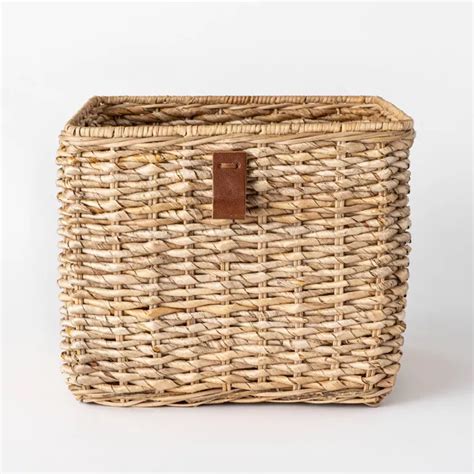 Decorative Cube Basket With Leather Pull 13 X 11 Natural Threshold
