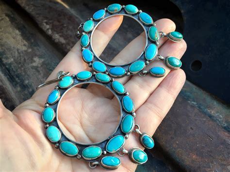 Big Turquoise Cluster Hoop Earrings By Navajo Annie Hoskie Native