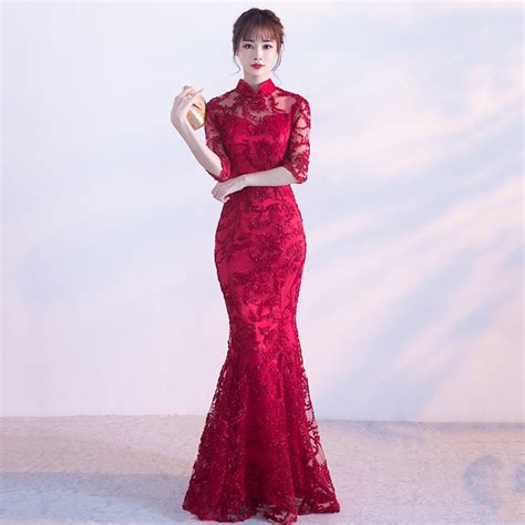 2017 Lace Cheongsam Sexy Long Qipao Red Mermaid Wedding Dress Women