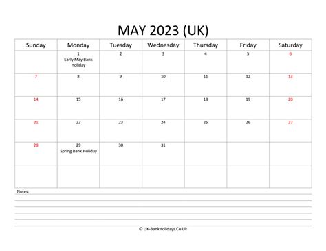 Download May 2023 Uk Calendar With With Notes
