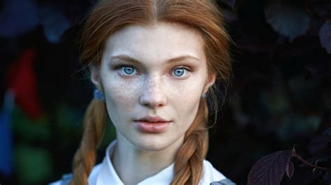 Wallpaper Face Women Outdoors Redhead Model Blue