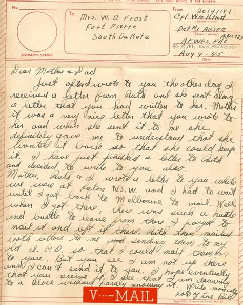 Shades Of Frost Letters Home Wwii 17 August 11 1945