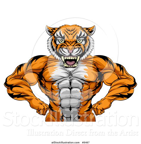 Vector Illustration Of A Tough Bodybuilder Tiger Man Flexing His Big