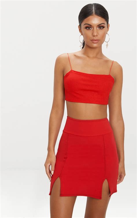 Red Super High Waisted Double Split Hem Mini Skirt Prettylittlething Qa
