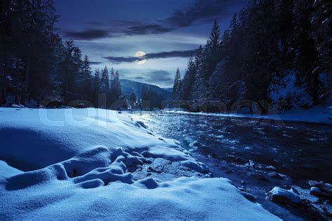 Frozen River In Forest At Night Stock Image Colourbox