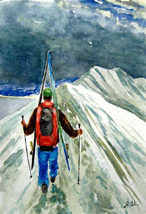 Skiing Painting Original Watercolor Mountain Skier Wall Art Etsy In