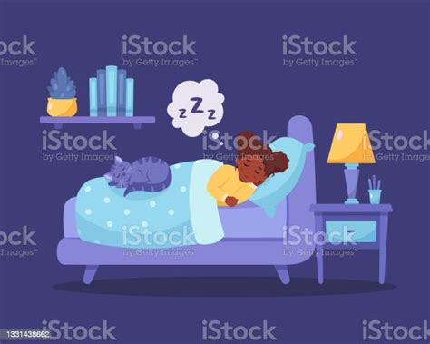 Little Black Girl Sleeping In Bedroom With Cat Healthy Sleep Vector Illustration Stok Vektör
