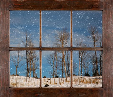 Wood Window Mockup With Winter Scene High Quality Nature Stock Photos