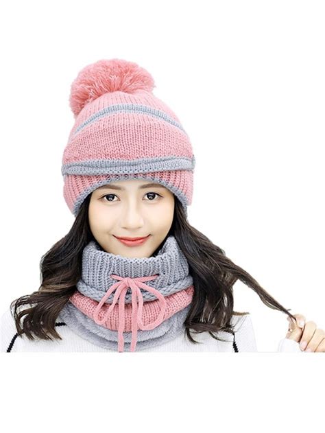 3 In 1 Winter Fur Hats For Women Girls Warm Knitted Beanie Skull Caps