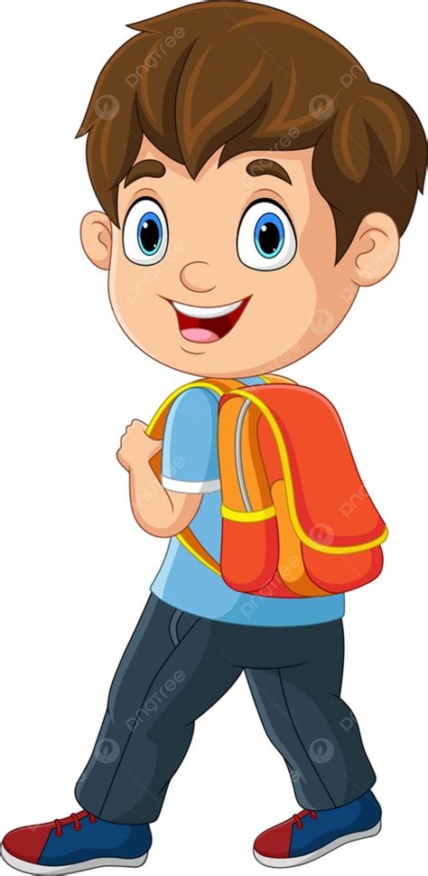 Cartoon Little Boy With Backpack Go To School Holding Education Cute