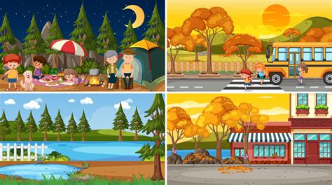 Four Different Scenes With Children Cartoon Character 3022632 Vector