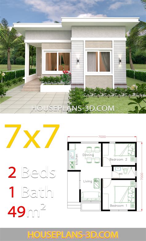 Sample tiny house floor plans for families. Small House Design 7x7 with 2 Bedrooms - House Plans 3D # ...