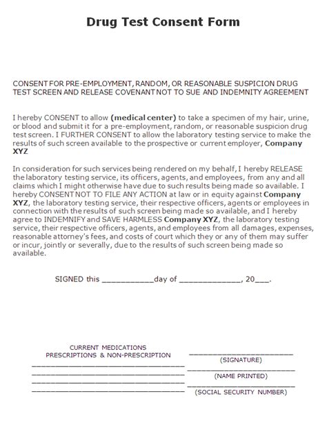 Drug Test Consent Form Free Printable Documents