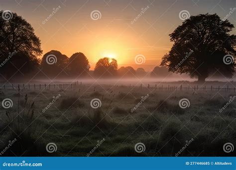 Dawn Mist Hanging In The Air Over The Meadows With The Sun Rising