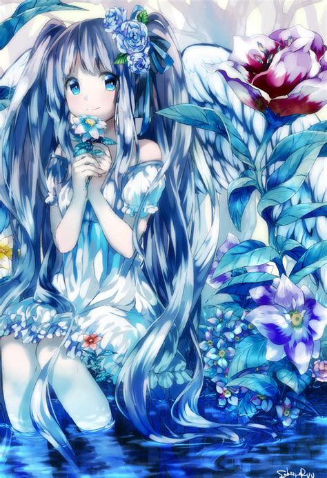 Safebooru 1girl Blue Eyes Blue Hair Flower Hair Flower Hair Ornament Highres Long Hair Naru