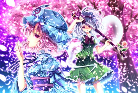 2girls Cherry Blossoms Dress Flowers Hat Japanese Clothes Katana