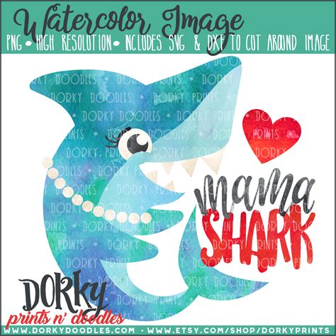 Mama Shark Watercolor Printable Art Applique And Embroidery Originals