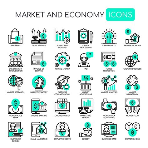 Set Of Green Monochrome Thin Line Market And Economy Icons 667448