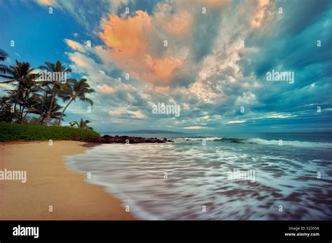 Sunrise Ocean Waves And Palm Trees On Beach Maui Hawaii Stock Photo