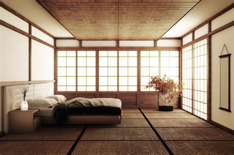 There is a big common central zone in the interior. Interior Luxury Modern Japanese Style Bedroom Mock Up in ...