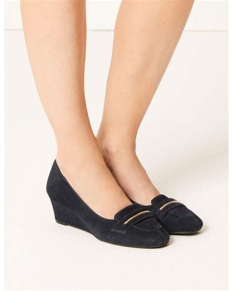 Marks And Spencer Wide Fit Suede Wedge Heel Court Shoes In Navy Blue Lyst