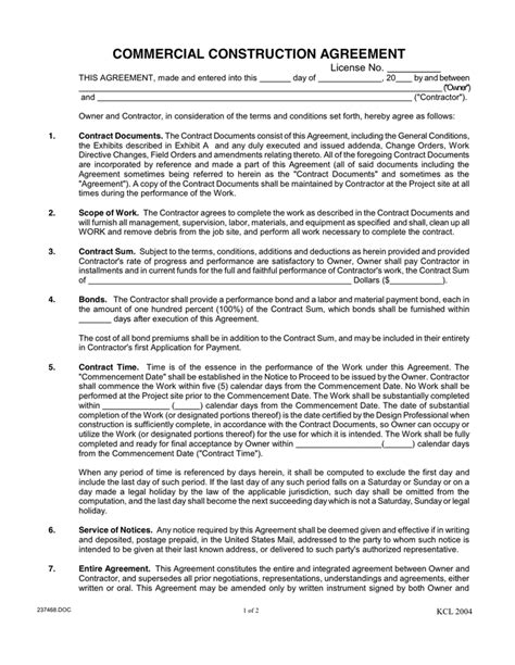 Commercial Construction Agreement Sample In Word And Pdf Formats