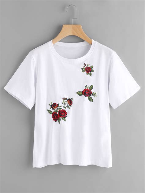 Shop Rose Embroidered Tee Online Shein Offers Rose Embroidered Tee