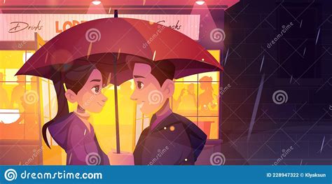Love Story Couple Stand Under Umbrella At Rain Stock Vector Illustration Of Rain Loving