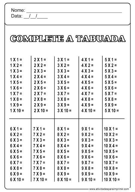 Complete A Tabuada Tabuada Tabuada De Multiplicação Tabuada De