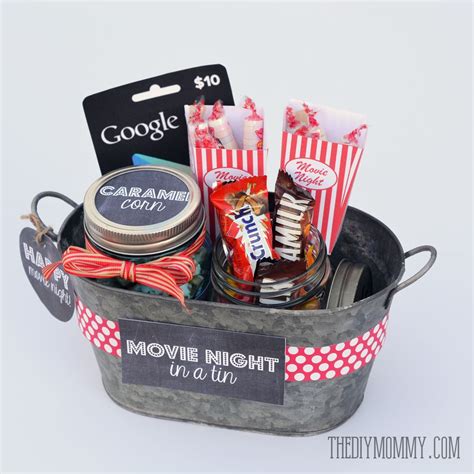 Make a popcorn gift basket filled with different flavored popcorn. Do it Yourself Gift Basket Ideas for Any and All Occasions | Movie night gift, Diy christmas baskets