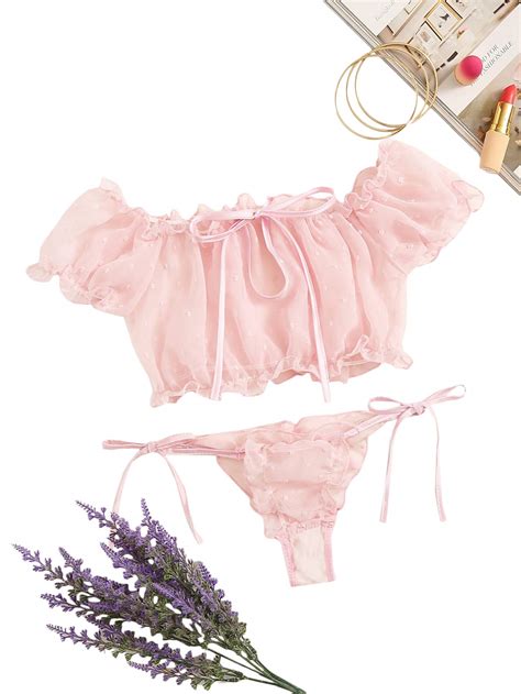 shein women s self tie ruffle trim dobby mesh lingerie set sexy bra and panty buy online in uae