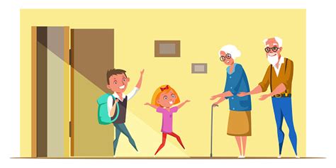 Kids Visit Grandparents Flat Vector Illustration Stock