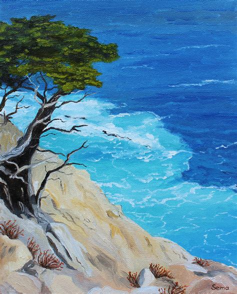 Cypress Tree By The Ocean Painting By Sema Erbektas