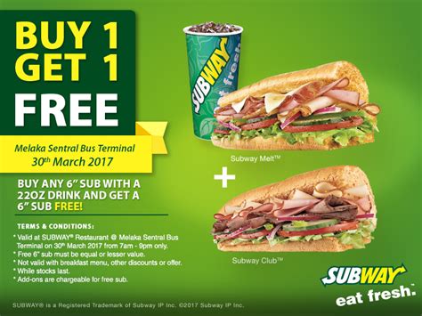 More subway malaysia promotions & coupons >>. Subway FREE 6" Sub When You Buy 6" Sub With 22oz Drink ...