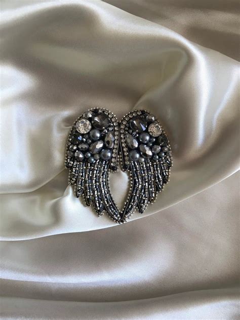 Angel Wings Brooch Pin Beaded Jewelry Silver Black Handmade Etsy In Beaded Brooch