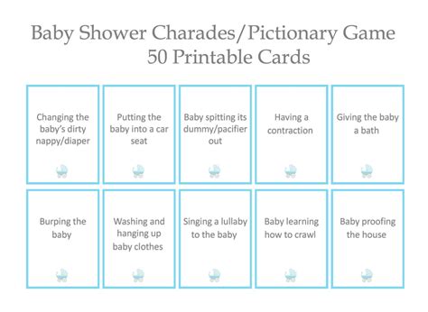 Baby Shower Charades Pictionary Game 50 Different Cards Blue And Gray